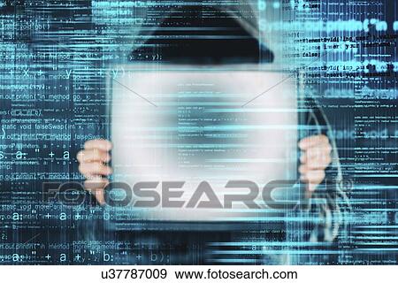 Stock Photo - Ransomware computer virus, conceptual image. hacker with monitor.. Fotosearch