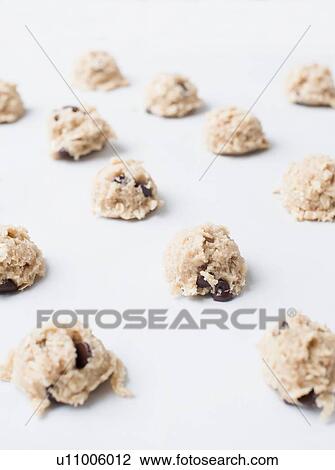 Stock Image - Raw chocolate chip cookies dough balls. Fotosearch