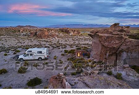 Stock Image - Recreational vehicle, travelling at dusk, Oruro, Oruro, Bolivia, South America. Fotosearch