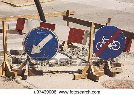Stock Photograph - Roadworks signs.. Fotosearch