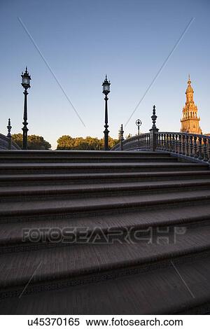 Stock Photography - Spain, Andalusia, Seville, Stairway on Plaza de Espana at dawn. Fotosearch