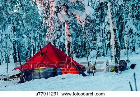 Stock Image - Tent in snow covered forest, Russia. Fotosearch