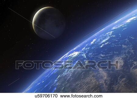 Stock Image - The Earth and Moon seen from space, illustration.. Fotosearch