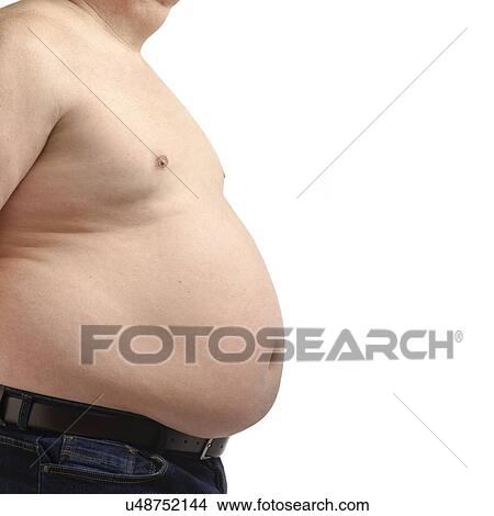 Picture - Topless overweight man, studio shot.. Fotosearch