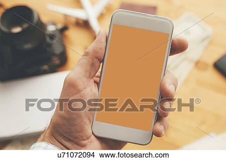 Picture - Travel app for mobile phone mock up screen.. Fotosearch