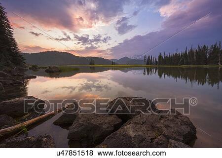 Stock Photo - USA, Oregon, Landscape with Sparks Lake at sunset. Fotosearch