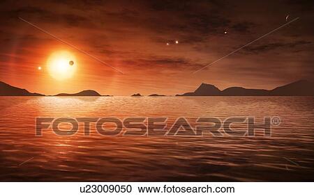 Water in Trappist-1 system, illustration. Trappist-1 is a red-dwarf star – the most common variety – located some 40 light-years away in Aquarius. In 2015, astronomers discovered that Trappist-1 was host to three earth-sized planets. Then it came... View Large Photo Image Stock Image - Water in Trappist-1 system, illustration. Trappist-1 is a red-dwarf star – the most common variety – located some 40 light-years away in Aquarius. In 2015, astronomers discovered that Trappist-1 was host to three earth-sized planets. Then it came.... Fotosearch