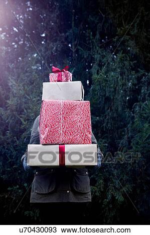 Woman carrying stack of Christmas presents, fir tree in background View Large Photo Image Stock Image - Woman carrying stack of Christmas presents, fir tree in background. Fotosearch