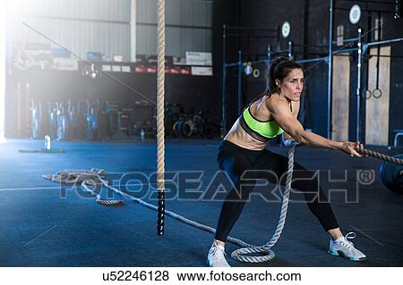 Woman exercising in gymnasium, sled training View Large Photo Image Stock Photo - Woman exercising in gymnasium, sled training. Fotosearch
