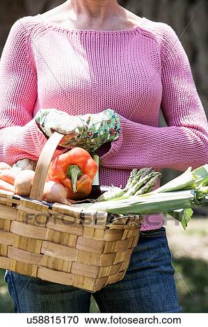 Woman with basket of homegrown vegetables View Large Photo Image Stock Image - Woman with basket of homegrown vegetables. Fotosearch
