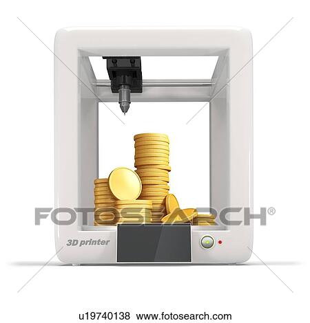 Stock Photo - 3D printer with stack of golden coins, illustration.. Fotosearch