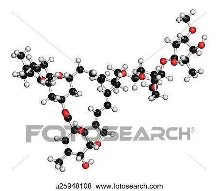 Stock Photo - Abamectin insecticide molecule. 3D rendering. Atoms are represented as spheres with conventional colour-coding: hydrogen (white), carbon (black), oxygen (red), nitrogen (blue).. Fotosearch
