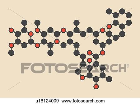 Stock Photo - Abamectin insecticide molecule. Stylized skeletal formula (chemical structure): Atoms are shown as colour-coded circles: hydrogen (hidden), carbon (grey), oxygen (red).. Fotosearch