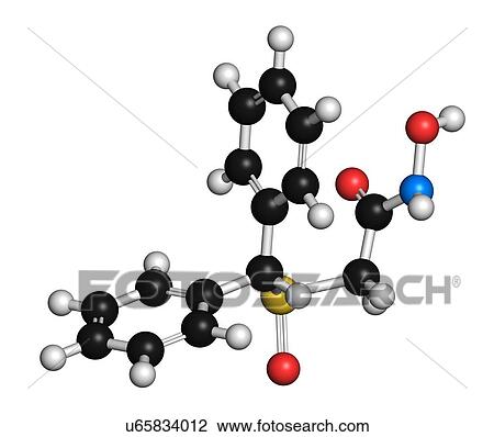 Stock Image - Adrafinil drug molecule (withdrawn). 3D rendering. Atoms are represented as spheres with conventional colour-coding: hydrogen (white), carbon (black), oxygen (red), nitrogen (blue), sulfur (yellow).. Fotosearch