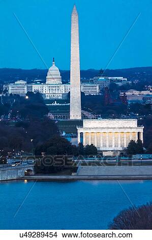 Picture - Aerial view of Washington D. C. from Top of Town restaurant, Arlington, Virginia shows Lincoln & Washington Memorial and U. S. Capitol. Fotosearch