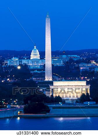 Stock Image - Aerial view of Washington D. C. from Top of Town restaurant, Arlington, Virginia shows Lincoln & Washington Memorial and U. S. Capitol. Fotosearch