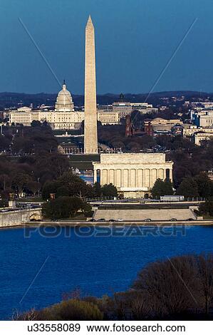 Aerial view of Washington D. C. from Top of Town restaurant, Arlington, Virginia shows Lincoln & Washington Memorial and U. S. Capitol View Large Photo Image Stock Photo - Aerial view of Washington D. C. from Top of Town restaurant, Arlington, Virginia shows Lincoln & Washington Memorial and U. S. Capitol. Fotosearch
