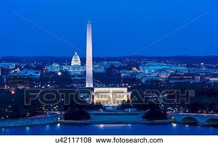 Stock Photo - Aerial view of Washington D. C. from Top of Town restaurant, Arlington, Virginia shows Lincoln & Washington Memorial and U. S. Capitol. Fotosearch