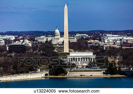 Stock Photography - Aerial view of Washington D. C. from Top of Town restaurant, Arlington, Virginia shows Lincoln & Washington Memorial and U. S. Capitol. Fotosearch