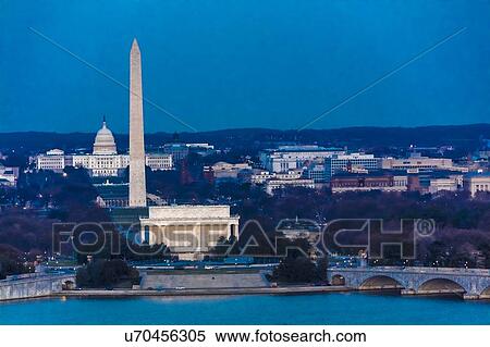 Stock Photography - Aerial view of Washington D. C. from Top of Town restaurant, Arlington, Virginia shows Lincoln & Washington Memorial and U. S. Capitol. Fotosearch