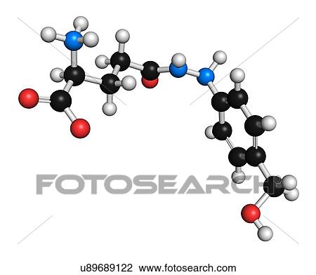 Stock Image - Agaritine mushroom toxin molecule. 3D rendering. Atoms are represented as spheres with conventional colour-coding: hydrogen (white), carbon (black), oxygen (red), nitrogen (blue).. Fotosearch