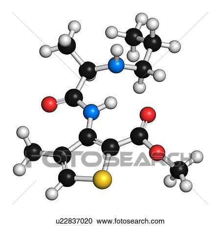 Stock Image - Articaine local anesthetic drug molecule. 3D rendering. Atoms are represented as spheres with conventional colour-coding: hydrogen (white), carbon (black), nitrogen (blue), oxygen (red), sulfur (yellow).. Fotosearch