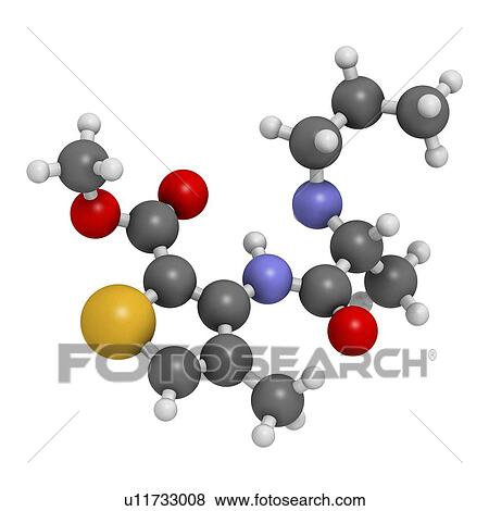 Stock Photo - Articaine local anesthetic drug molecule. 3D rendering. Atoms are represented as spheres with conventional colour-coding: hydrogen (white), carbon (grey), nitrogen (blue), oxygen (red), sulfur (yellow).. Fotosearch