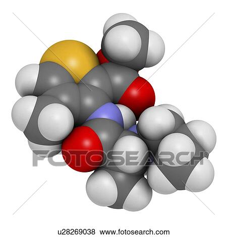 Stock Photo - Articaine local anesthetic drug molecule. 3D rendering. Atoms are represented as spheres with conventional colour-coding: hydrogen (white), carbon (grey), nitrogen (blue), oxygen (red), sulfur (yellow).. Fotosearch
