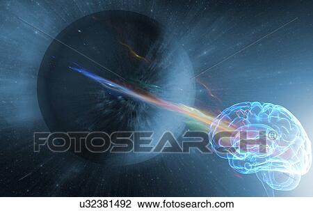 Stock Image - Artificial intelligence, conceptual image. Human brain sending electronic waves through space.. Fotosearch