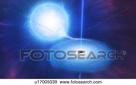 Artist's impression of an X-ray binary. These binary star systems comprise a compact star (neutron star or, as here, a black hole) which is in orbit about a larger companion (in this case, a blue giant). The compact star distorts the companion and... View Large Photo Image Stock Photo - Artist's impression of an X-ray binary. These binary star systems comprise a compact star (neutron star or, as here, a black hole) which is in orbit about a larger companion (in this case, a blue giant). The compact star distorts the companion and.... Fotosearch