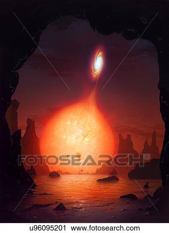 Stock Image - Artwork of a cataclysmic binary (or variable) star seen from a cave on a nearby planet.. Fotosearch