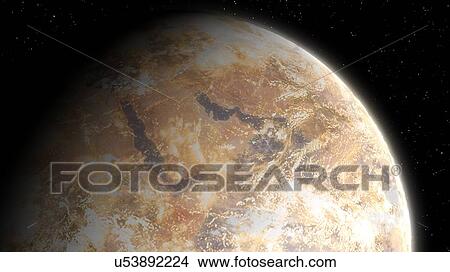 Picture - Artwork of a possible future Earth, its atmosphere riddled with dust and pollution, its surface dry. This view shows the continent of Africa.. Fotosearch