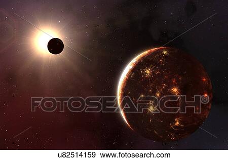 Stock Photo - Artwork of alien technological planet. The planet is in orbit around a red dwarf star, the most common type. The red dwarf is relatively sedate, making the environment of its habitable zone conducive to life. The planet is shown with its night side.... Fotosearch