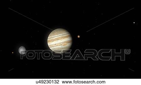 Stock Image - Artwork of Jupiter and its largest four (Galilean) moons. From left to right the bodies are Io, Callisto, Jupiter (with the shadow of Io cast upon it), Ganymede and Europa. The bodies are all shown to the correct scale, as viewed from a distance.... Fotosearch