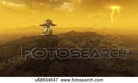 Stock Photo - Artwork of the Venera 9 spacecraft on the surface of Venus. The Venera probes were a series of ten successful missions sent to Venus by the Soviet Union in the 1970s. Venera 9 was launched on 8 June 1975. It arrived in Venus orbit on 20 October and,.... Fotosearch