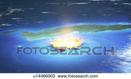 Stock Image - Asteroid impact. Illustration of a large asteroid colliding with Earth on the Yucatan Peninsula in Mexico. This impact is believed to have led to the death of the dinosaurs some 65 million years ago. The impact formed the Chicxulub crater, which is.... Fotosearch