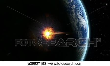 Stock Image - Asteroid impact. Illustration of a large asteroid colliding with Earth on the Yucatan Peninsula in Mexico. This impact is believed to have led to the death of the dinosaurs some 65 million years ago. The impact formed the Chicxulub crater, which is.... Fotosearch