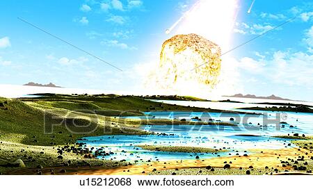 Stock Photo - Asteroid impact. Illustration of a large asteroid colliding with Earth on the Yucatan Peninsula in Mexico. This impact is believed to have led to the death of the dinosaurs some 65 million years ago. The impact formed the Chicxulub crater, which is.... Fotosearch