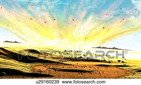 Stock Photo - Asteroid impact. Illustration of a large asteroid colliding with Earth on the Yucatan Peninsula in Mexico. This impact is believed to have led to the death of the dinosaurs some 65 million years ago. The impact formed the Chicxulub crater, which is.... Fotosearch