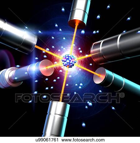 Stock Image - Atom suspended by lasers, computer illustration.. Fotosearch