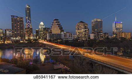 Austin Texas Cityscape Evening Skyline with skyscrapers down Congress Avenue Bridge over Colorado River View Large Photo Image Stock Photo - Austin Texas Cityscape Evening Skyline with skyscrapers down Congress Avenue Bridge over Colorado River. Fotosearch