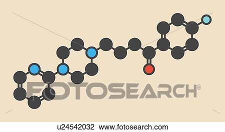 Stock Image - Azaperone antipsychotic drug molecule. Stylized skeletal formula (chemical structure): Atoms are shown as colour-coded circles: hydrogen (hidden), carbon (grey), nitrogen (blue), oxygen (red), fluorine (cyan).. Fotosearch