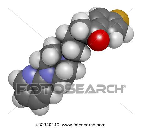 Stock Image - Azaperone antipsychotic drug molecule. 3D rendering. Atoms are represented as spheres with conventional colour-coding: hydrogen (white), carbon (grey), nitrogen (blue), oxygen (red), fluorine (gold).. Fotosearch