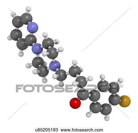 Stock Image - Azaperone antipsychotic drug molecule. 3D rendering. Atoms are represented as spheres with conventional colour-coding: hydrogen (white), carbon (grey), nitrogen (blue), oxygen (red), fluorine (gold).. Fotosearch