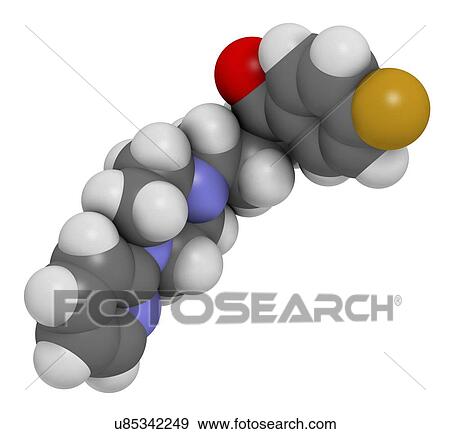 Stock Photo - Azaperone antipsychotic drug molecule. 3D rendering. Atoms are represented as spheres with conventional colour-coding: hydrogen (white), carbon (grey), nitrogen (blue), oxygen (red), fluorine (gold).. Fotosearch
