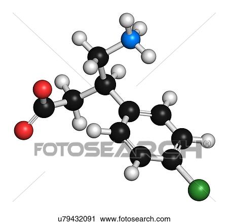 Stock Image - Baclofen drug molecule. 3D rendering. Atoms are represented as spheres with conventional colour-coding: hydrogen (white), carbon (black), nitrogen (blue), oxygen (red), chlorine (green).. Fotosearch
