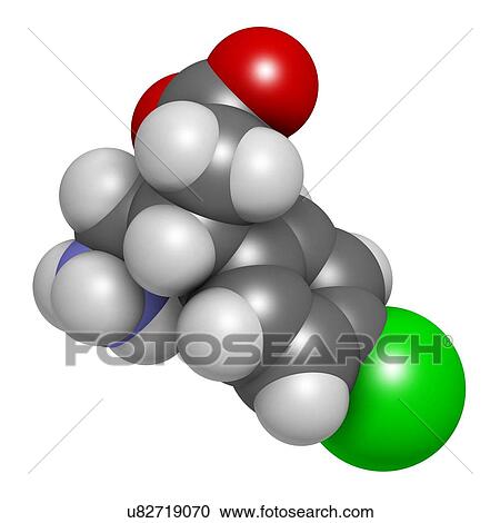 Stock Image - Baclofen drug molecule. 3D rendering. Atoms are represented as spheres with conventional colour-coding: hydrogen (white), carbon (grey), nitrogen (blue), oxygen (red), chlorine (green).. Fotosearch