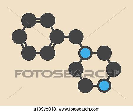 Stock Image - Benzylpiperazine (BZP) recreational drug molecule. Stylized skeletal formula (chemical structure): Atoms are shown as colour-coded circles: hydrogen (hidden), carbon (grey), nitrogen (blue).. Fotosearch