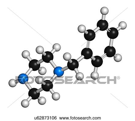 Stock Photograph - Benzylpiperazine (BZP) recreational drug molecule. 3D rendering. Atoms are represented as spheres with conventional colour-coding: hydrogen (white), carbon (black), nitrogen (blue).. Fotosearch