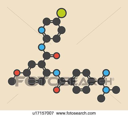Stock Photo - Betrixaban anticoagulant drug molecule. Stylized skeletal formula (chemical structure): Atoms are shown as colour-coded circles: hydrogen (hidden), carbon (grey), nitrogen (blue), oxygen (red), chlorine (green).. Fotosearch